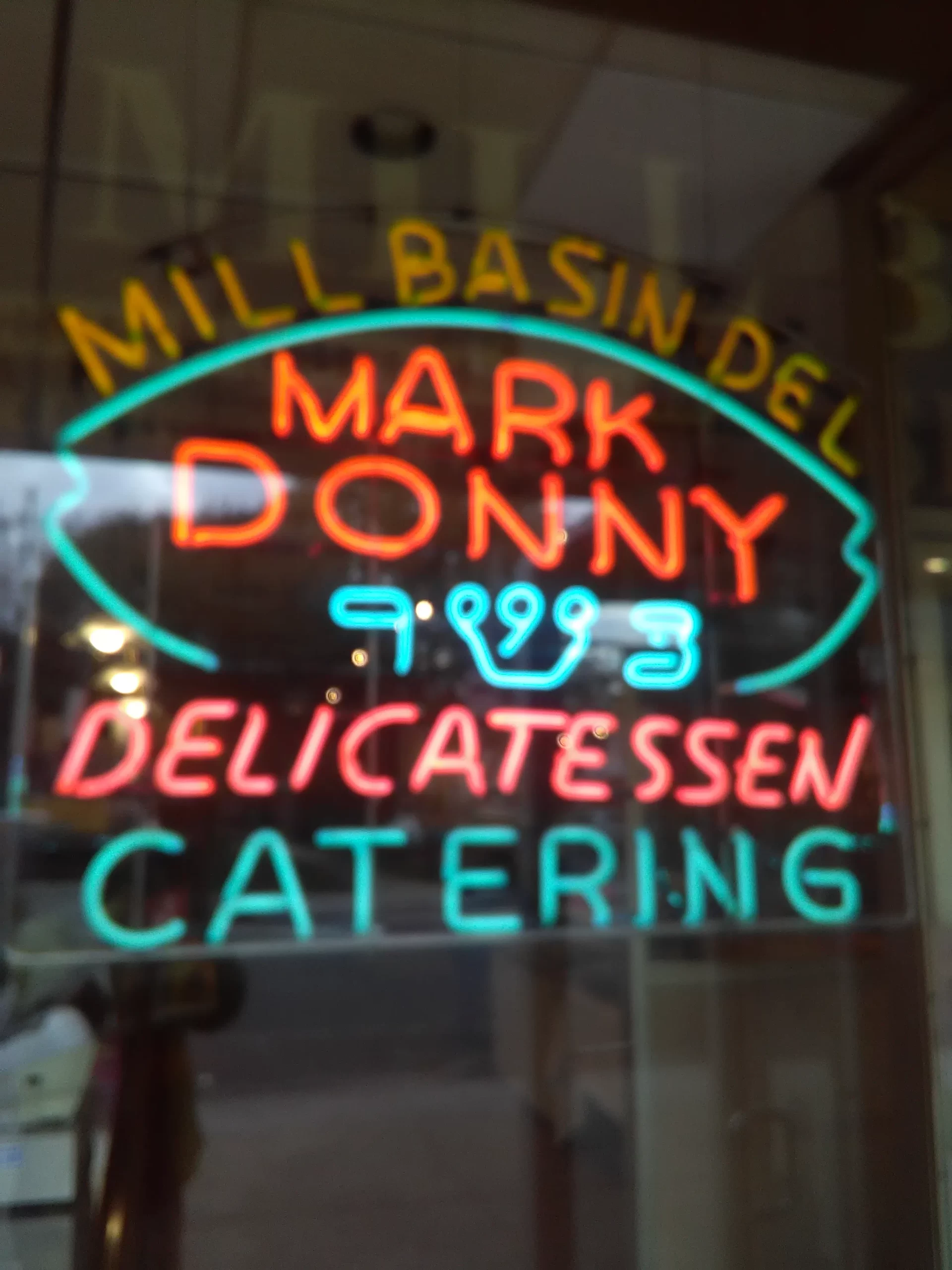 lit up sign in the window of the mill basin deli in new york