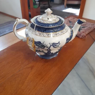 a lovely blue and white teapot painted with asian trees