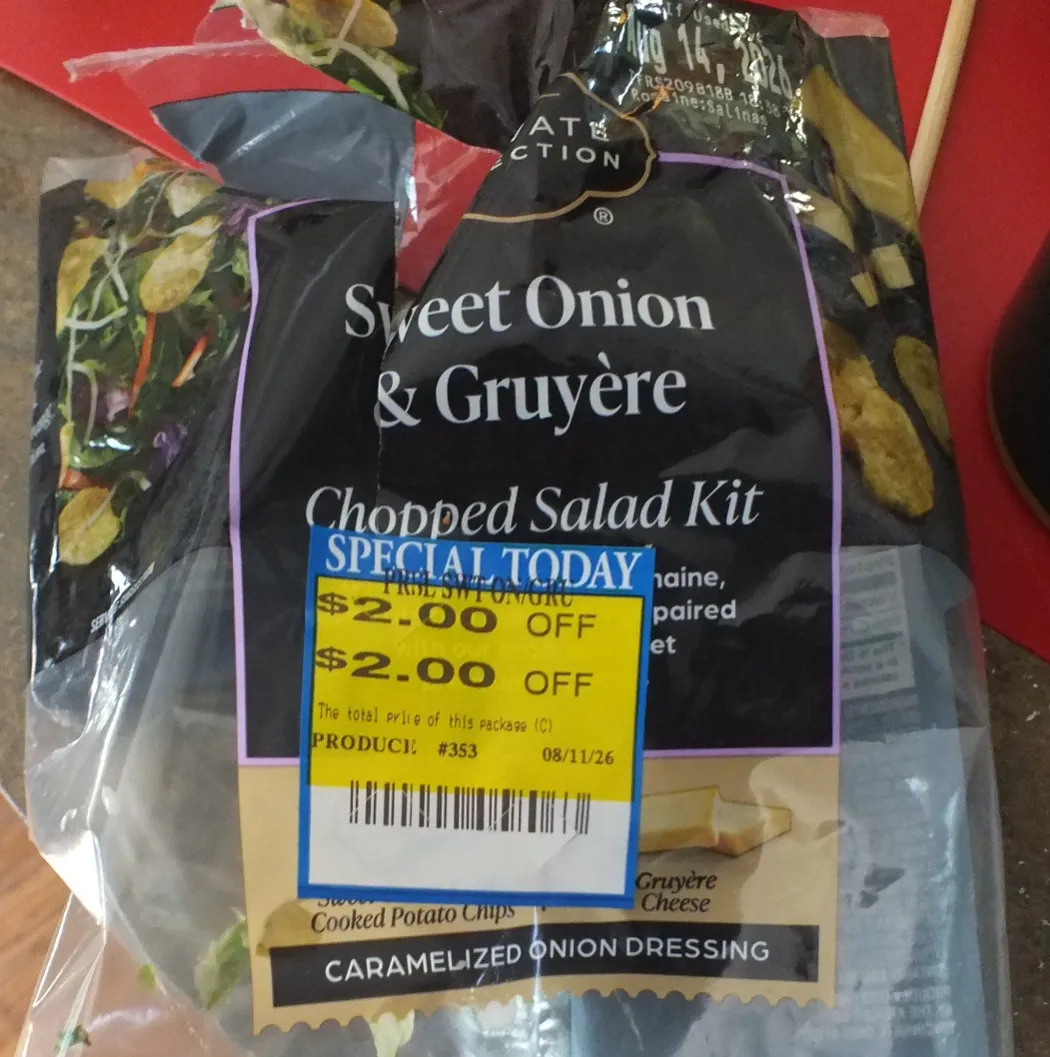 Bag of Private Selection Sweet Onion & Gruyère Chopped Salad Kit with a $2.00 off discount sticker