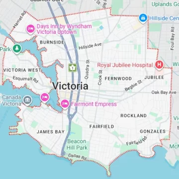 google map screenshot showing Victoria BC, Canada.
