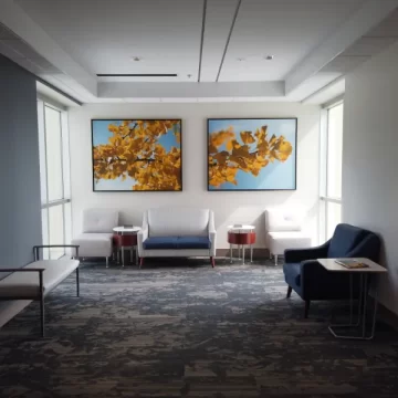 waiting area with several chairs and short tables, a pair of photos hand on the wall depicting the leaves of a Ginko tree, sunlight pours in from windows on either side of the hall.